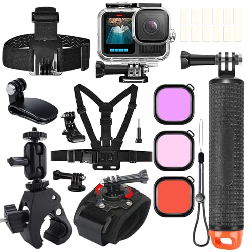 ShipeeKin Accessories Kit for Gopro Hero 13 12 11 10 9, Waterproof Case Floating Handle Chest Strap Head Strap Wrist Strap Super Clamp Handlebar Mount Diving Filters Inserts Anti-Fog