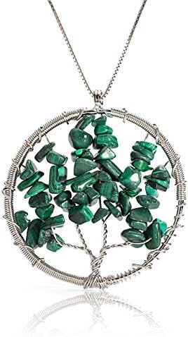 EDENKISS Set Of 3 Handmade Tree Of Life with Gravel Gem Stone Charm Pendant DIY Necklace 18” 24” 30” Chain (Malachite)