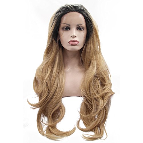 Ebingoo Synthetic Wavy Golden Blonde Ombre Wig Dark Roots Half Hand Tied Lace Front Wigs Heat Resistant Hair (20inches)