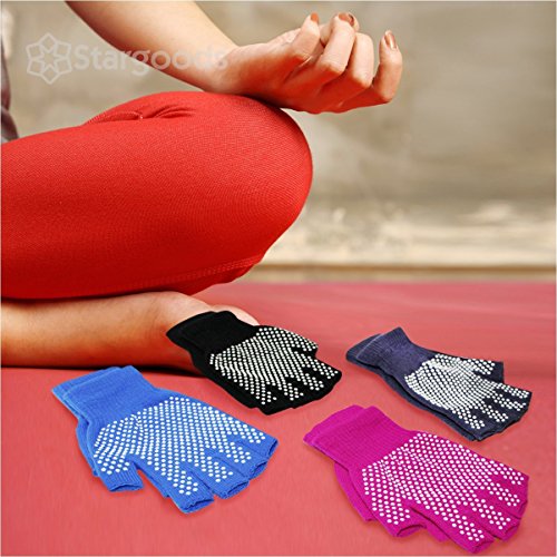 Yoga Gloves Non Slip Fitness Grip, Fingerless Pilates Glove for Training Workout, 4 Pairs and 1 Yoga Strap