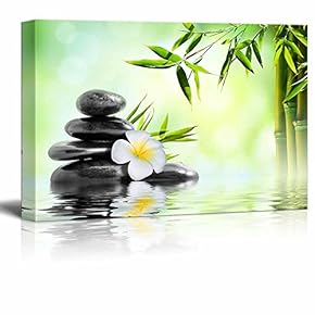 Canvas Prints Wall Art - Basalt Stones Stacked on Water with Bamboo | Modern Wall Decor/Home Decoration Stretched Gallery Canvas Wrap Giclee Print. Ready to Hang - 12" x 18"