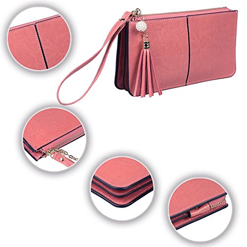Lovena Soft Leather Wristlet Smartphone Zipper Wallet Tassel Wristlet (Light Carmine Pink) - Thumbnail 2