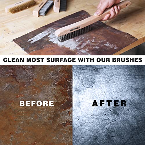 WORKPRO Wire Brush Set, 4Pcs Brass/Stainless/Carbon Steel Bristles Wire Scratch Brushes with Long Curved Beechwood Handle for Rust, Dirt & Paint Scrubbing with Deep Cleaning
