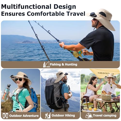 Solar Fan Sun Hat for Men Wide Brim Hat Outdoor Sun Cap with 2 Solar Fan Fishing Hat, UPF 50+, Removable & USB Charging