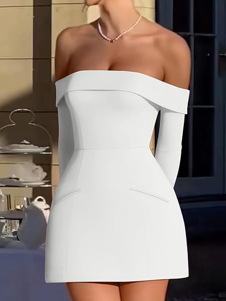 XXTAXN WOMEN’S FORMAL SEXY OFF THE SHOULDER LONG SLEEVE COCKTAIL BACK ZIPPER MINI DRESS WITH POCKET WHITE