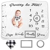 Baby Monthly Milestone Blanket for Boy Girl Unisex | Neutral Personalized Photography Background Blankets | Thick Fleece for Mom Newborn Baby Shower Gifts + Bandana Drool Bib + 2 Months Frame Markers