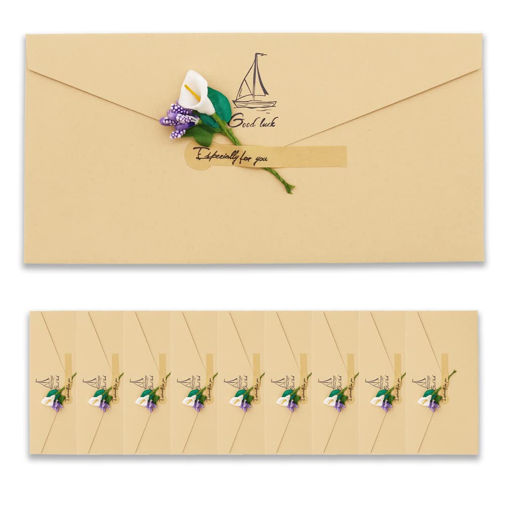 BITEYI 10pcs Fancy Envelopes with Greeting Cards Handmade Dried Flowers and Stickers,Vintage Kraft Paper Envelopes with Postcards (Brown)