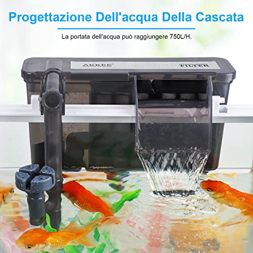 AKKEE Filtro Acquario, 10W Filtro Esterno Acquario, Filtro per Acquario a Parete, Pompa di Ossigeno 750 L/H, Adatto per Acquario Tartarughiera da Fino a 76 Litri