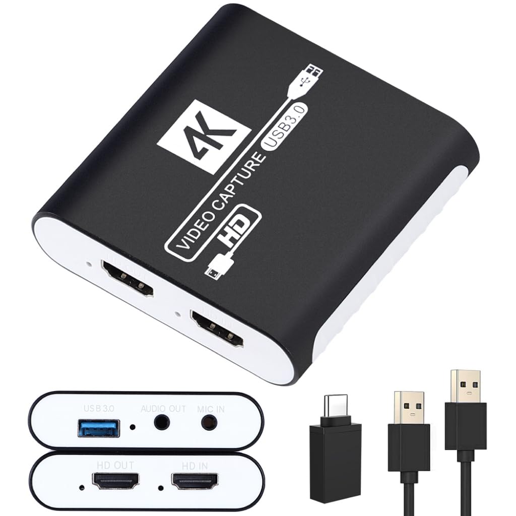 HDMI キャプチャーボード Switch対応 4K パススルー対応 1080P 60FPS USB 3.0 高速伝送 ビデオゲームキャプチャー ボード PC/PS4/PS5/Xbox/Wii U/ウェブカメラ/スマートフォン対応 Windows 7/8/10/11 Mac Linux Android iPad に対応、OBS Zoom XSplit QuickTime Potplayer 互換商品画像