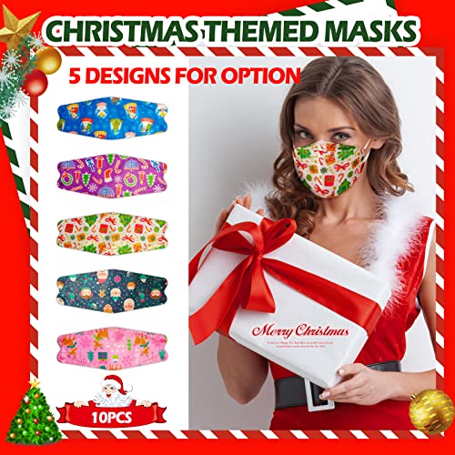 Christmas Themed Print Mask, KF94 Adult Sized Colorful Mask with Design for Women Men, Festival Cute Fun Xmas Pattern Disposable Holiday Mask, 4 Layer Filtered Easy Breathing Comfortable Soft Fitting Mask Cover with Adjustable Nose Clip - 1