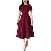 RomMoon Women's Summer Round Neck Midi Dress Short Sleeve Fit and Flare Elegant A-Line Business Swing Dresses