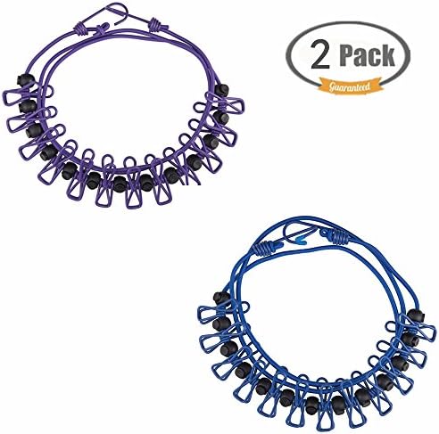 FUNJIA Portable Clothesline, Windproof Adjustable Retractable Stretchy Laundry Clothes Clothesline with 12 Clips for Outdoor Indoor Hiking Travel Camping - 2 Pack (Blue &amp; Purple)