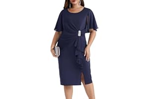 Hanna Nikole Womens Plus Size Chiffon Cape Sleeve Ruffle Ruched Cocktail Party Pencil Dress for Wedding Guest