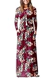 ESONLAR Womens Long Sleeve Wedding Dress with Pockect Crewneck Casual Loose Floral Christmas Long Maxi Dress Wine L