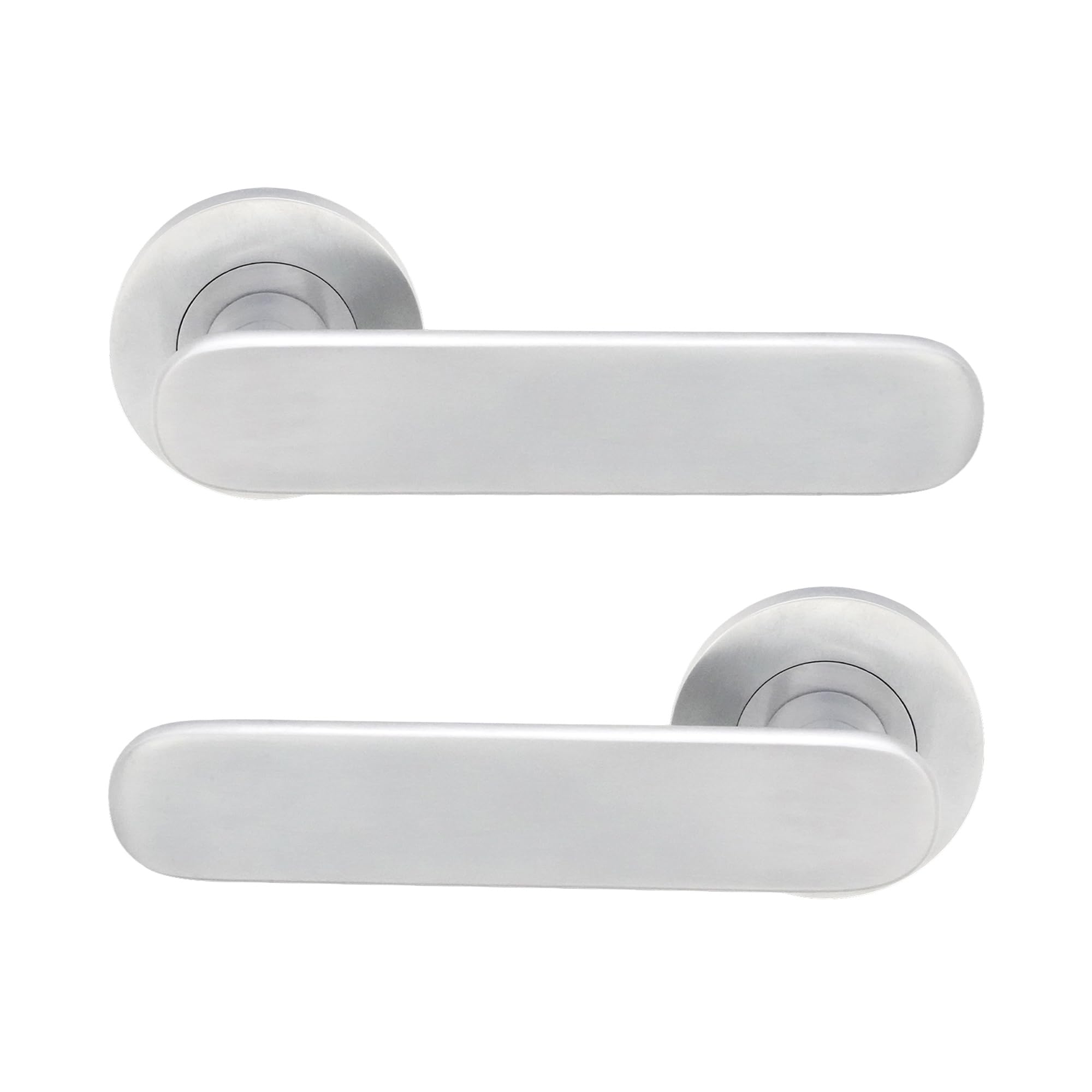 Infinity Decor Pair of Straight Modern Lever Latch Solid Brass Door Handle on Round Rose Set Passage Pull Handles in Satin Chrome Finish for Interior and Exterior Use