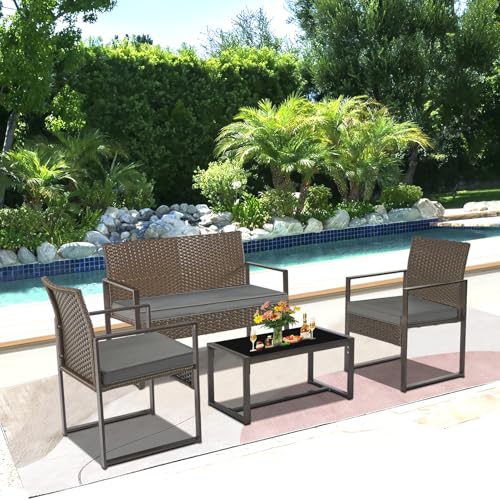 YIYAN 4 Piece Patio Furniture Set, Outdoor Wicker Furniture Set Patio Furniture Set, Bistro Set Outdoor Rattan Conversation with Coffee Table for Garden Balcony Backyard(Gray)