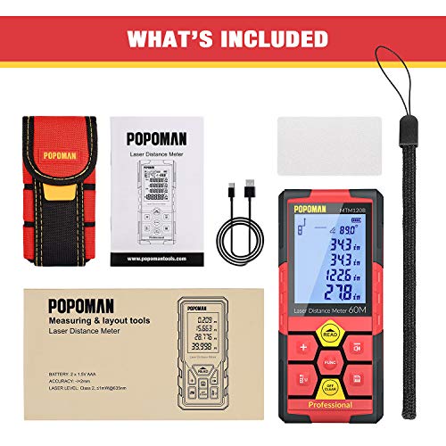Laser Measure 196ft POPOMAN, Lithium battery with USB charging, 99 Sets Data Storage, M/In/Ft with Electronic Angle Sensor, 2.25' LCD Backlit, Mute Function, Measure Distance, Area and Volume- MTM120B