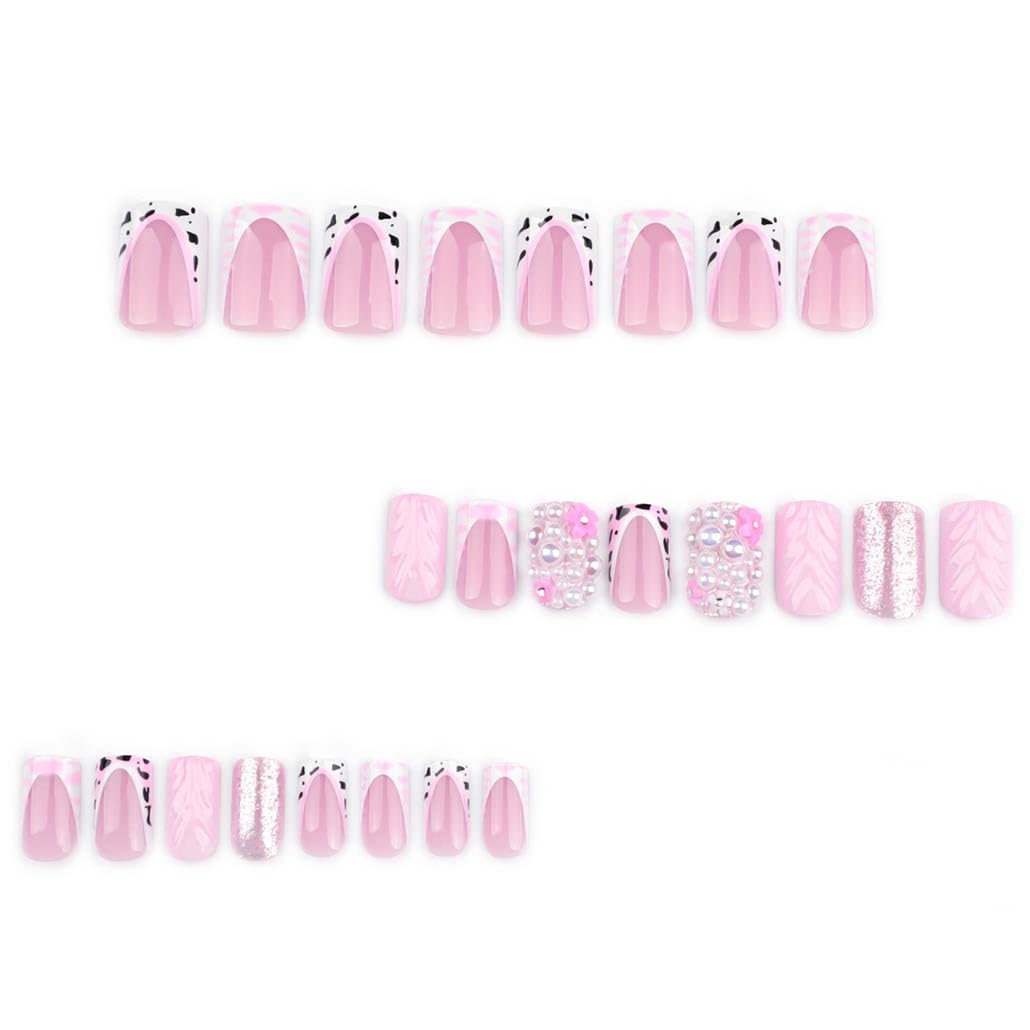 Foccna Press on Nails Medium Long French Pink Fake Nails Square Bling Glossy 3D Pearl Flower False Nail Tips Artificial Nails Finger Manicure for Women and Girls,24pcs - Image 2