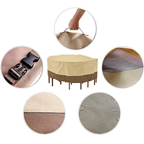 kdgarden Outdoor Round Patio Table and 6 Chairs Set Cover, Heavy Duty Waterproof 600D Large Furniture Set Cover for All Weather Protection, 94" Dia x 30" H, Beige Brown - Thumbnail 2