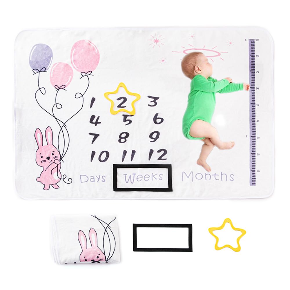Baby Milestone Mat Blanket Monthly Milestone Baby Blanket with Frame Soft Flannel Milestone Mat with Height Scale Newborn Boy Girl Gift Baby Shower Present for New Mums Rabbit Theme Photo Blanket