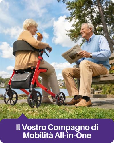 Kekoy Elderly Walker with 4 Wheels with Seat, Foldable, 399 lbs Load, Seat 44 cm Wide, Wheels 25 cm for All Terms, Height Adjustable, Brakes with Hidden Cables, Storage Bag, Red