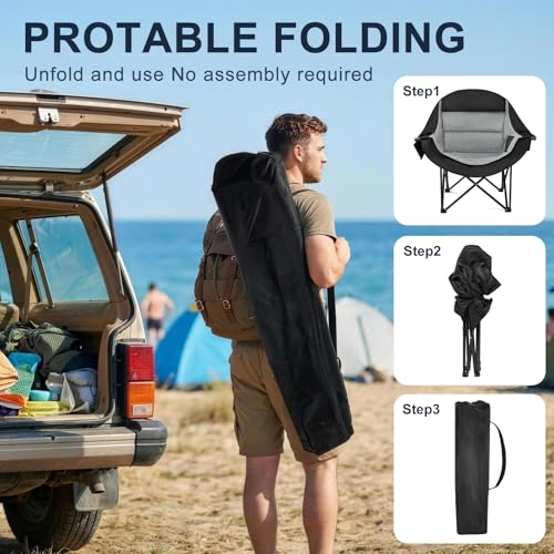 Oversized Camping Chairs for Adult - Heavy Duty Padded Portable Folding Chair XL Collapsible Camp Chair with Cup Holder Side Pocket for Outdoor Lawn Beach Sport Fishing Support 500LBS, Grey
