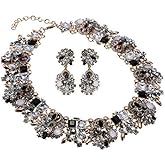 Vintage Crystal Rhinestone Statement Choker Bib Statement Necklace Earring Fashion Costume Jewelry Set for Women
