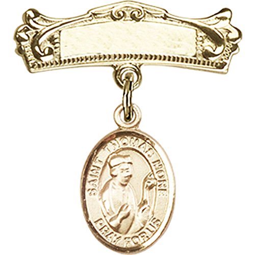 14kt Yellow Gold Baby Badge with St. Thomas More Charm and Arched Polished Badge Pin 7/8 X 3/4 inches