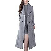 Kinghua Women's Double Breasted Wool Coats Winter Long Wool Pea Coat Overcoat