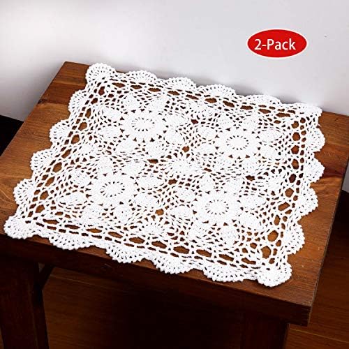 Eiyye Placemats 16inch 2pc Crochet Lace Table Cloth Doilies Handmade Cotton Thread Square Sofa, Vase (White)
