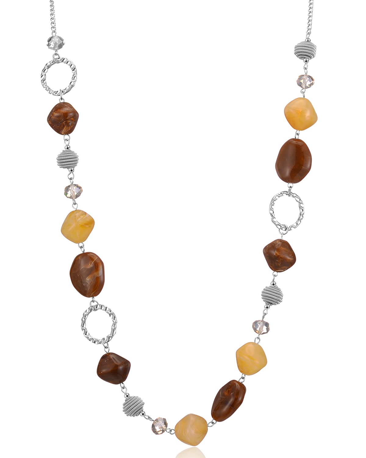 BULINLIN Beaded Long Silver Necklaces for Women, Handmade Statement Sweater Chain Necklace with Crystal Beads for Fashion Jewelry gifts(Beige and coffee)