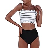 RXRXCOCO Womens Shirred Bandeau Bikini Cute Two Piece Swimsuit Off Shoulder High Waist Bathing Suit