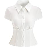 winkbay Women's Summer Button Down Collared Shirts Cute Short Sleeve Fitted Dressy Casual Blouses