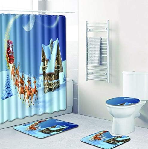 Christmas Bathroom Decorating Snowing Christmas House, Elk, Santa Claus Drive to Give Gifts to Children Bathroom Four Sets Shower Curtain Bath Mat Toilet Seat Cover and Toilet Seat Mat Blue(Large)