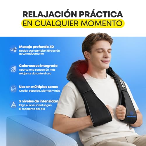 Shiatsu Neck and Back Massager with Heat, Neck, Shoulder, Lumbar Massager with 2 Rotary Nodes and 4 Heads, 3 Intensity, 3D Deep Massage, Home and Car Use (Non-Wireless)