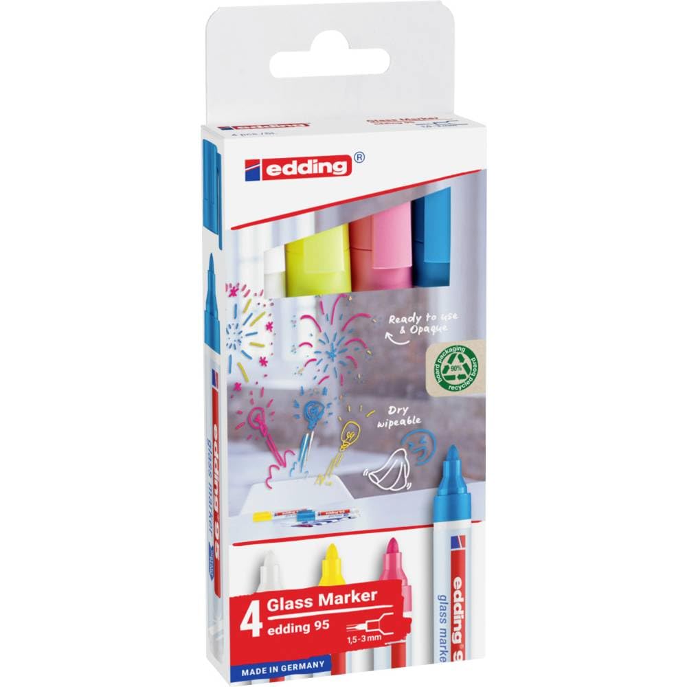 edding 95 glass marker - multi-coloured - 4 glass pens - round nib 1.5-3 mm - washable window marker pen - for writing and marking on glass surfaces, windows, glassboards, whiteboards - dry-wipeable