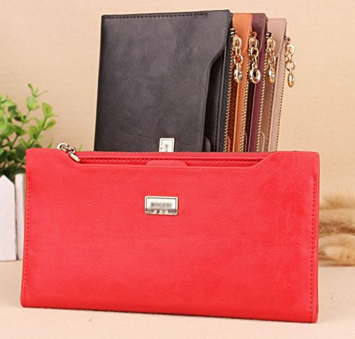 Miraclekoo Long Bifold Wallet Slim Purse Credit Card Holder Womens/mens Soft Leather Zipper Handbag (red)