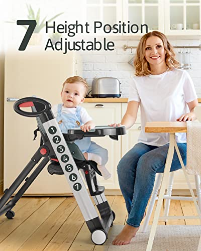 Grey) Foldable Reclining Highchair With Food Tray, Wheels, Safety