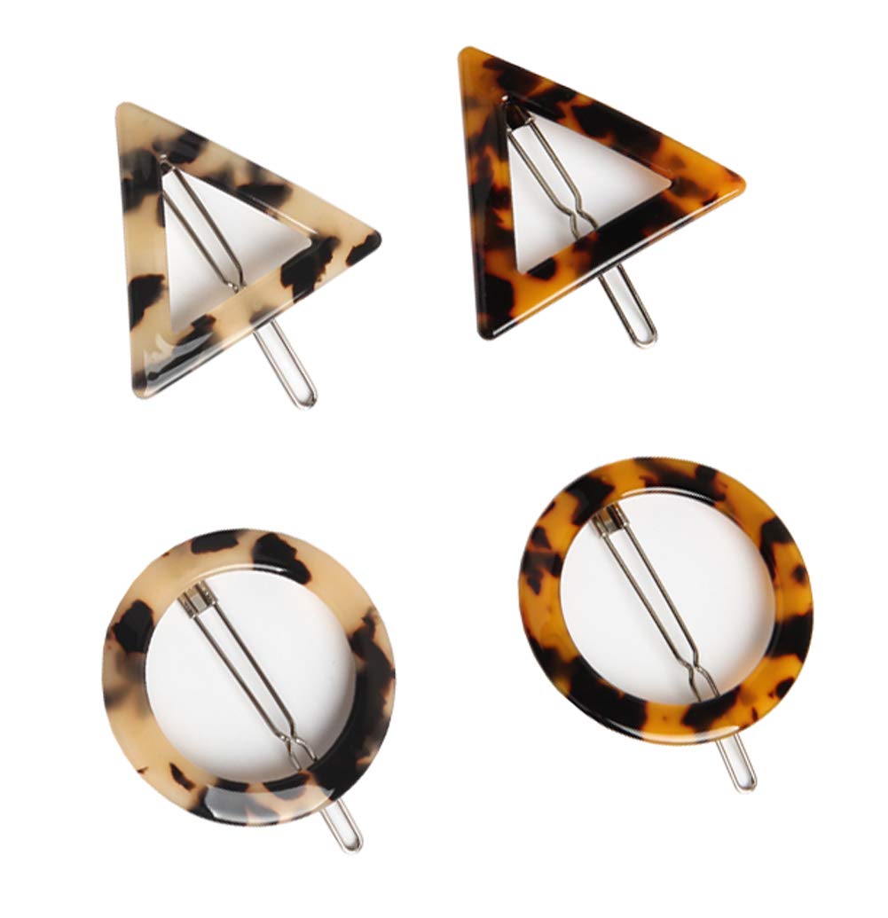 2Pairs Leopard Print Acrylic Geometric Shape Hair Clip Triangle and Round Side Clamp Hair Pin Insert Clasp Grip Barrettes Headwear Headdress for Hairdressing Decoration