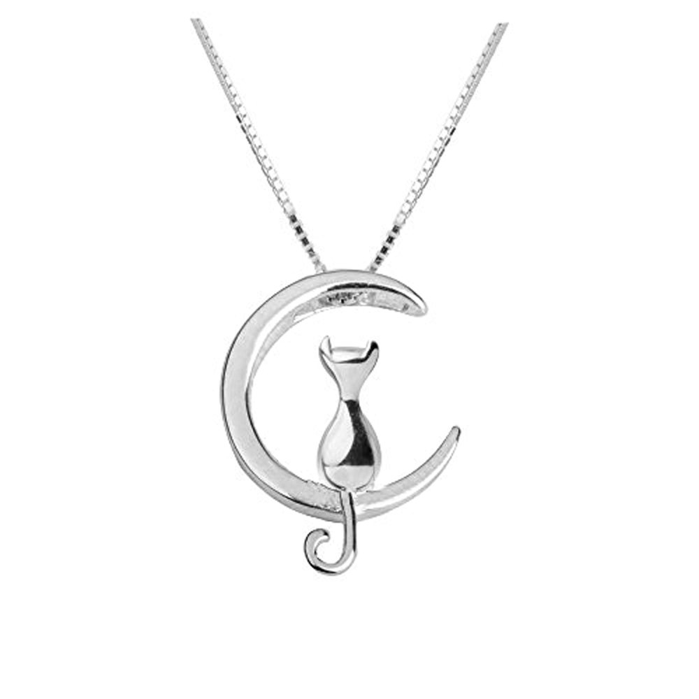 URBAN SHe° ' The Cat is Over the Moon' Sterling Silver Cat Kitten Crescent Moon Cat Necklace Pendant 925 Silver 3D Cat Lover Daily Jewellery Gift Idea (Silver Moon)