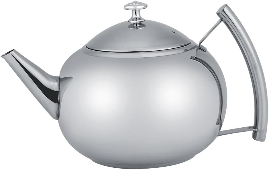 Stainless Steel Teapot 2000ml Stove-top Teapot Tea Coffee Pot Kettle with Removable Infuser Filter, Heat Resistant, Thickened Base, Curvy hHandle- Silver