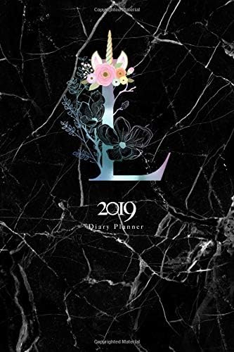 2019 Diary Planner: January to December 2019 Diary Planner Colorful Unicorn Horn & Flowers Monogram With Initial “L” on Black Marble.