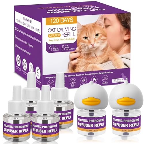 Cat Calming Pheromone Diffuser Kit, 2 Plug-Ins + 4 Refills (48ml Each), Helps Reduce Stress, Spraying & Scratching, Supports Harmony for Multi-Cat Homes, Drug-Free Comfort for Cats & Kittens