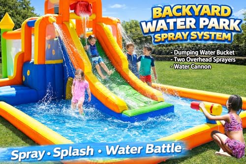 HuaKastro Giant Water Slide & Bounce House for Big Kids, 3 Climbing Routes Race to the Tall Slide, Dry Jumping Area, 4-Sprayer Water Fun and Big Splash Pool, Backyard Waterpark for Kids Party