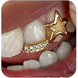 Star Teeth Grillz for Women Men Hollow Heart Tooth Gems Gold Tooth Cap | Mouth Grills Hip Hop Style Custom Accessory for Part