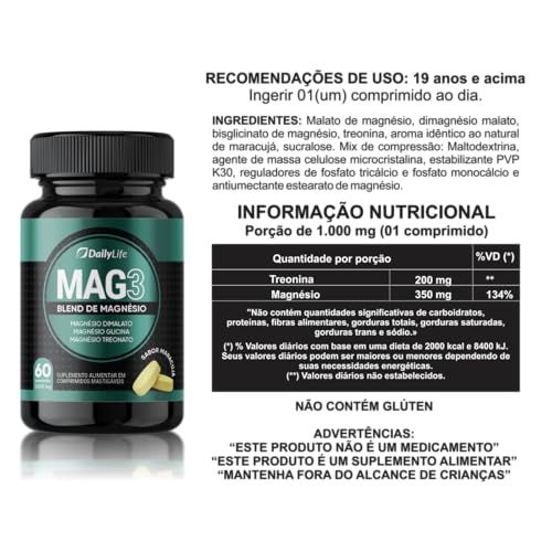 Magnesio Mag 3 Dimalato Treonato Glicina Magnesium 1000mg 100% Puro 60 Comprimidos Mastigaveis Sem Glúten Sabor Maracujá