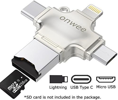 SD Card Reader, OTG Memory Card Adapter, Trail Camera Viewer for iPhone iPad Android Mac - Supports Micro SD, SDHC, SDXC, Lightning Micro USB, USB A, USB C, 4 in 1 (Silver)