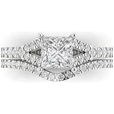 Clara Pucci Diamond Solitaire with Accents 14K White Gold Ring & Zirconia Stacking Band Anniversary Set (3.4 cttw, 5.5mm, Princess Cut)