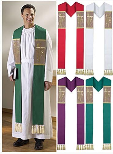 Set of 4 Color Alpha Omega Stoles with Tassels. 00% smooth weave polyester. Fully lined. Exclusive embroidered design on polyester faille. Reinforced stitching and seams.