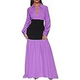 Ekaliy Women's Puff Long Sleeve Shirt Dress Elegant Button Down Loose Swing Party Maxi Dress